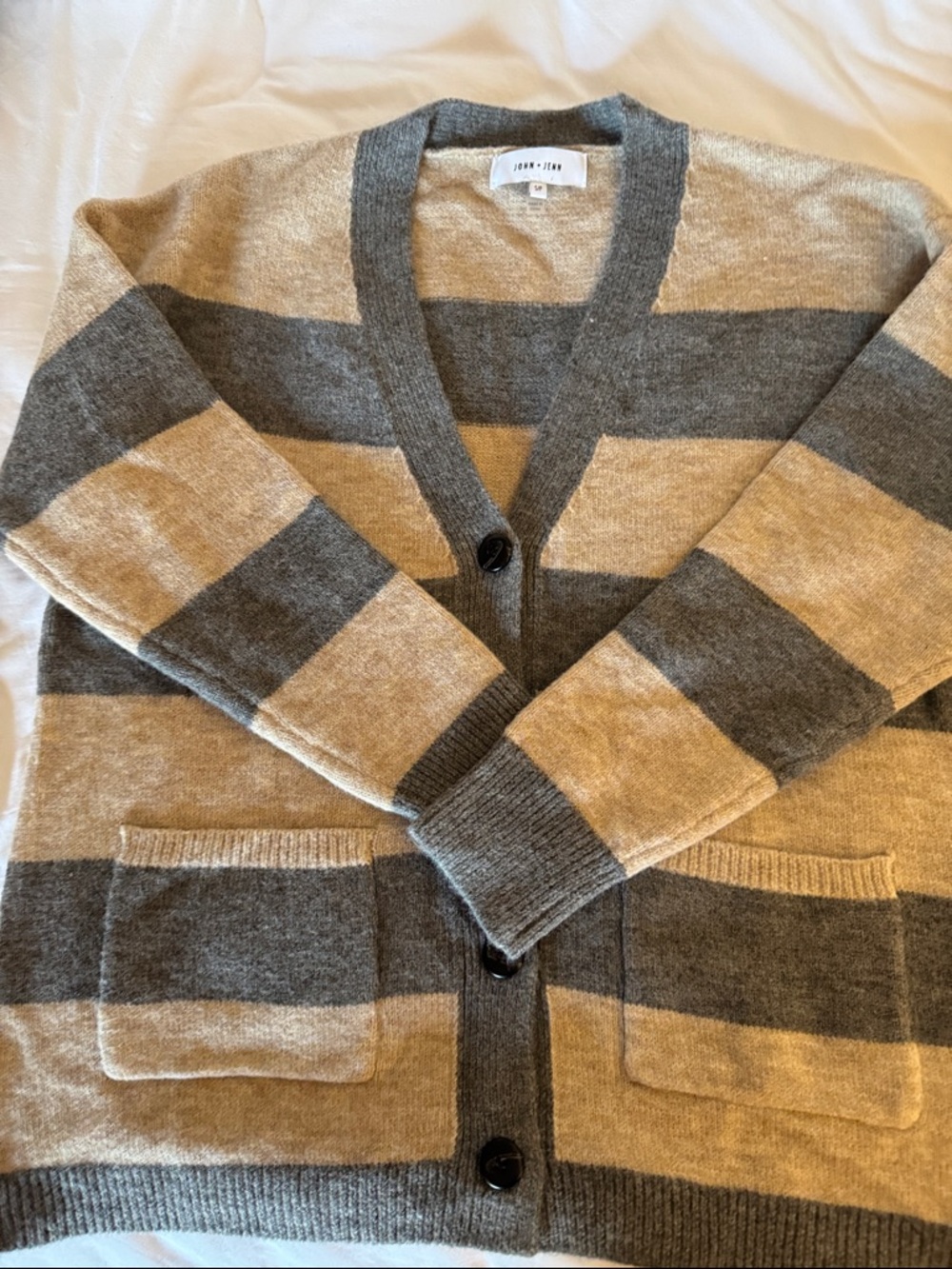 JOHN + JENN Taupe and Gray Striped Button Cardigan